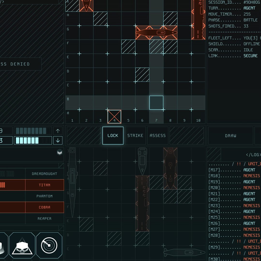 The battle screen: the target grid with hits marked in orange, the fleet roster, and a combat log.