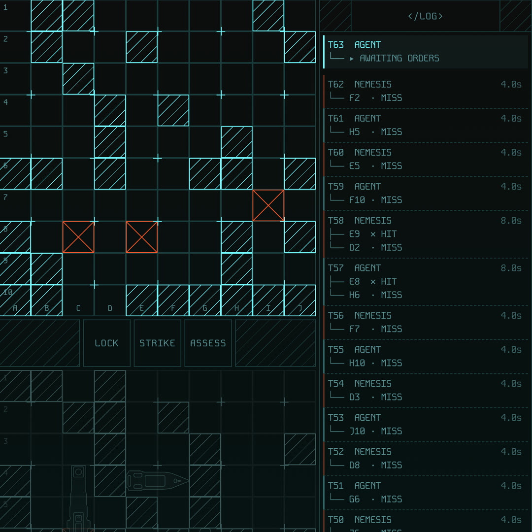 The target grid beside the combat log, each turn listed as a small tree of shots and results.