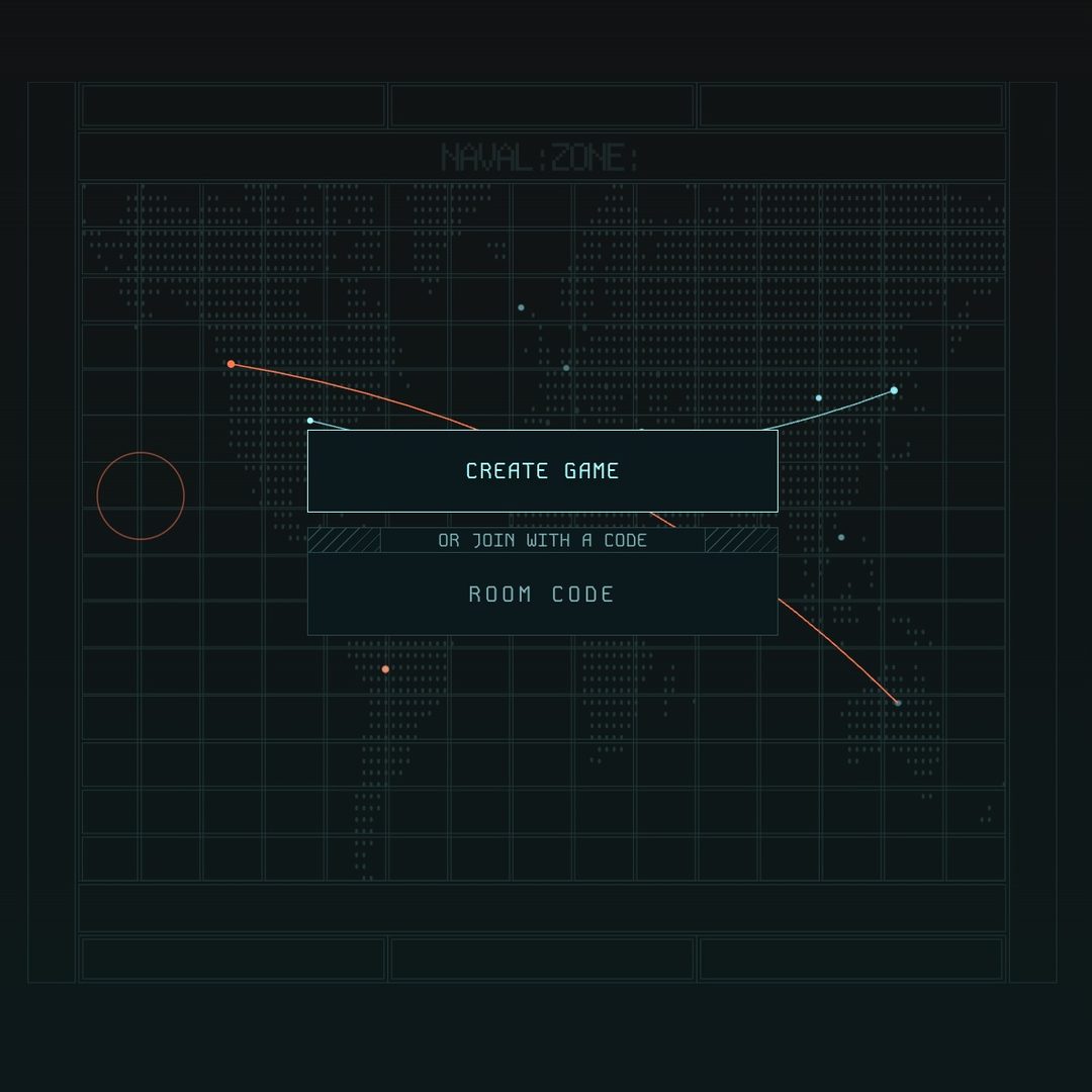The home screen: a dark world map with routes drawn across it, a Create Game button and a room code field.