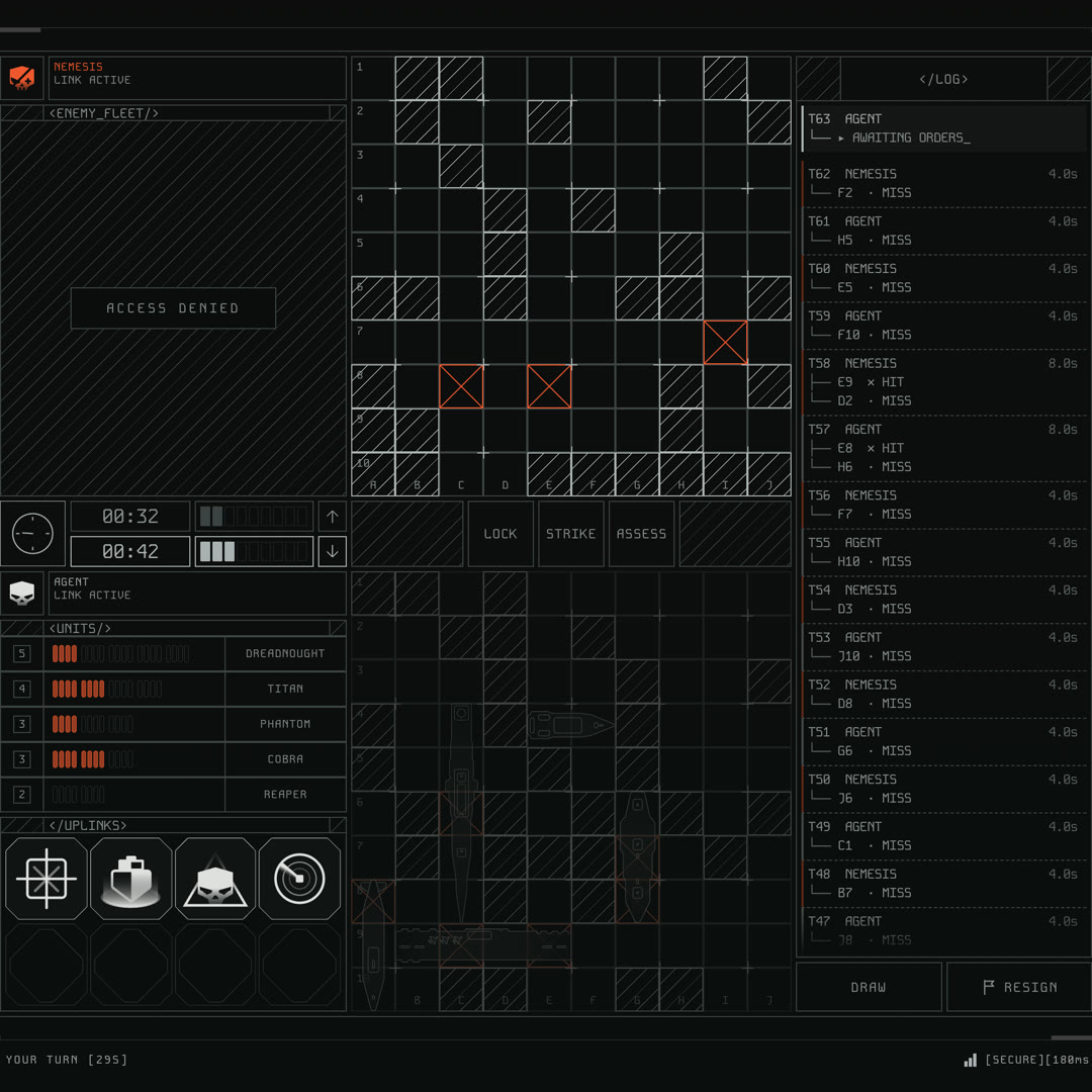 The battle screen in the MONO theme: the whole console in cold grey, with only hits in red.