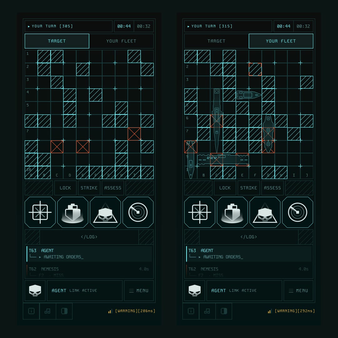 Two phone screens mid-battle: the target grid on the left, the player's own fleet on the right, each with the uplinks and log below.