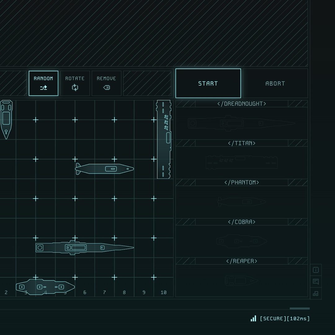 The placement screen: an empty 10 by 10 grid with ships along its edges, and the five ship slots beside it.