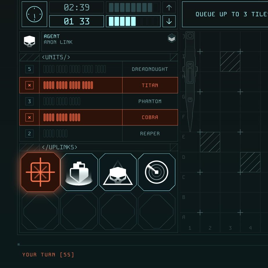 The fleet roster with damaged ships highlighted, above four power-up buttons and the match clocks.